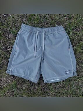 SAXX Oh Buoy 2N1 Volley 7 Shorts Men’s Small Grey Swim Trunks Ballpark Pouch